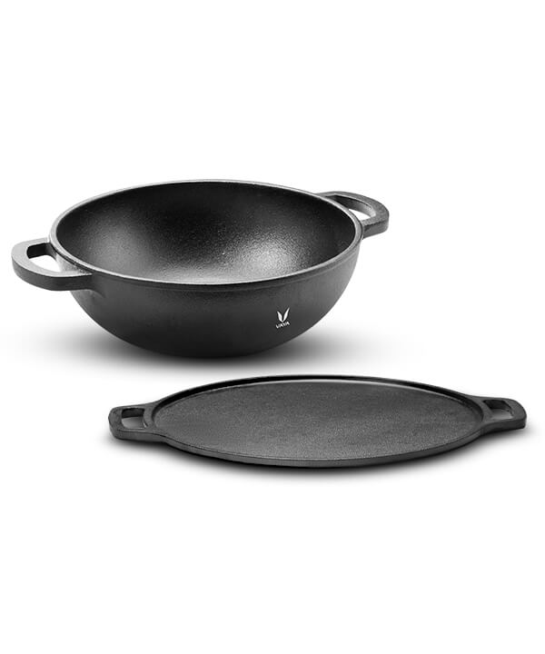 Pre-Seasoned Cast Iron Cookware Set - Kadai - 24cm + Flat Tawa - 30cm