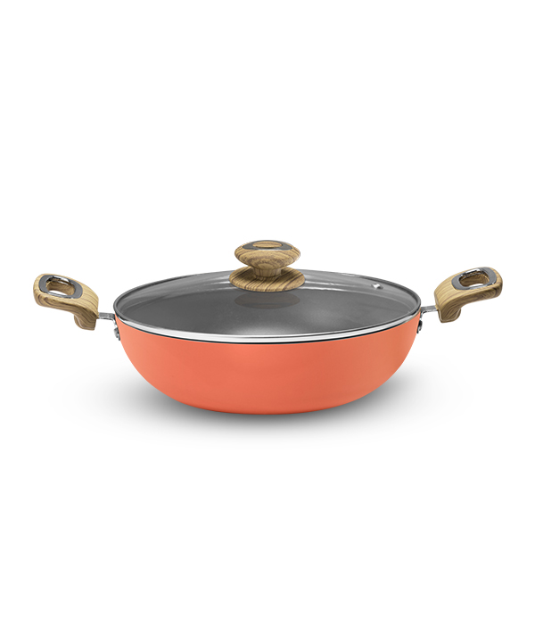 PTFE Ceramic Reinforced Kadai with Lid 24 cm - Coral Crush - Wood Finish Handle