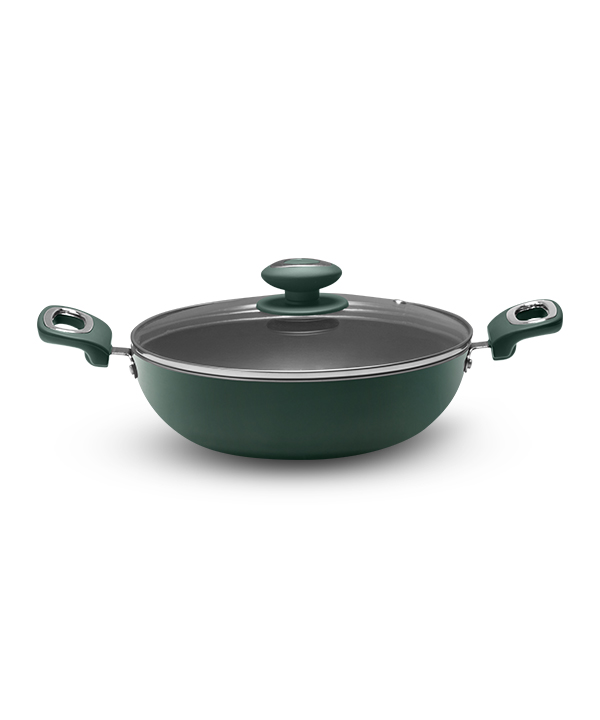 PTFE Ceramic Reinforced Kadai with Lid 24 cm - Green - Green Handle
