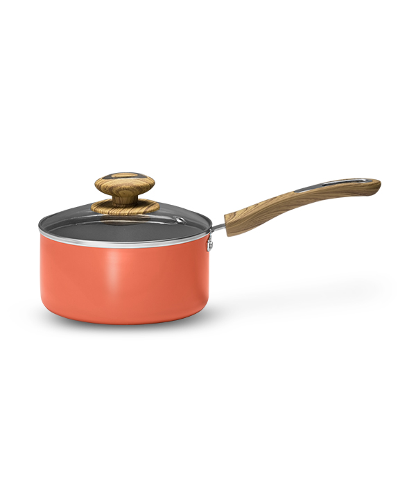 PTFE Ceramic Reinforced Saucepan with Lid 16 cm - Coral Crush - Wood Finish Handle